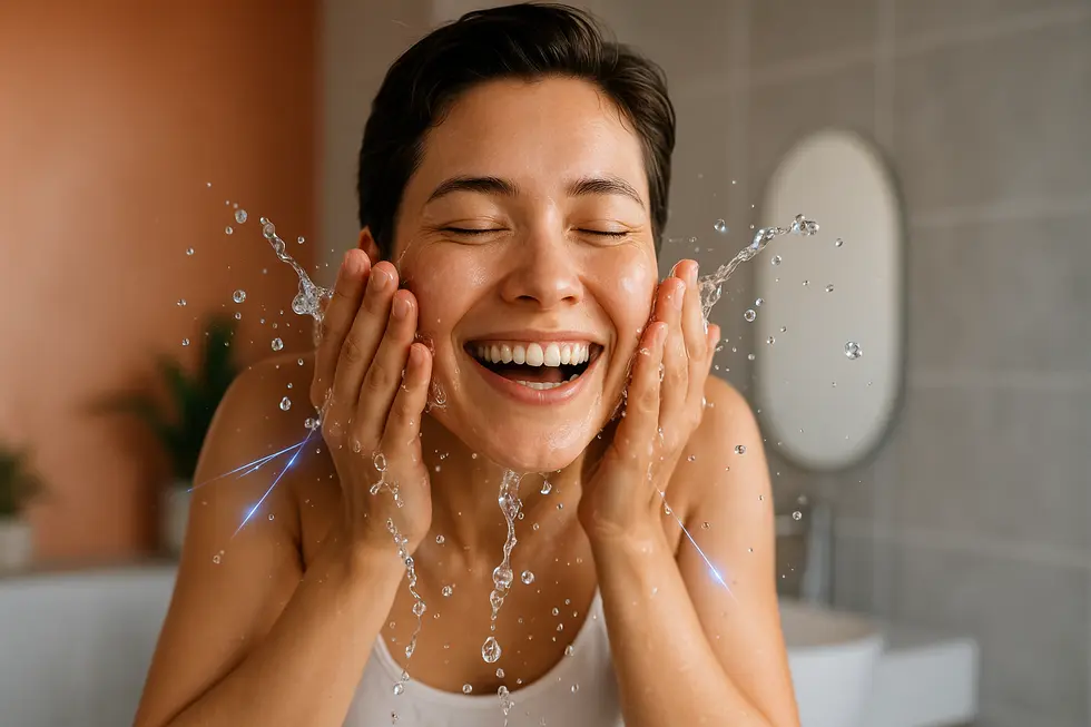 透明感のある肌の人が楽しそうに顔に水をかけている写真。フレッシュさと健康的な肌の輝きが表現されている。