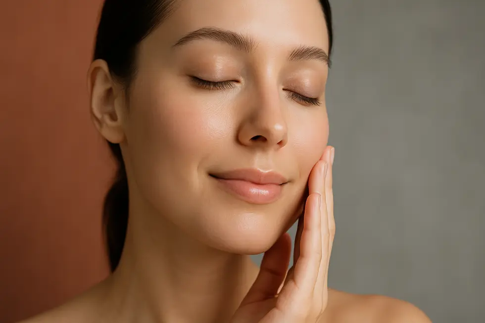 改善された肌のキメとハリに満足げな女性の顔のクローズアップ。