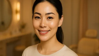 完璧な眉とアイラインを持つ、自信に満ちた笑顔の日本人女性。アートメイクによる自然な美しさを表現。