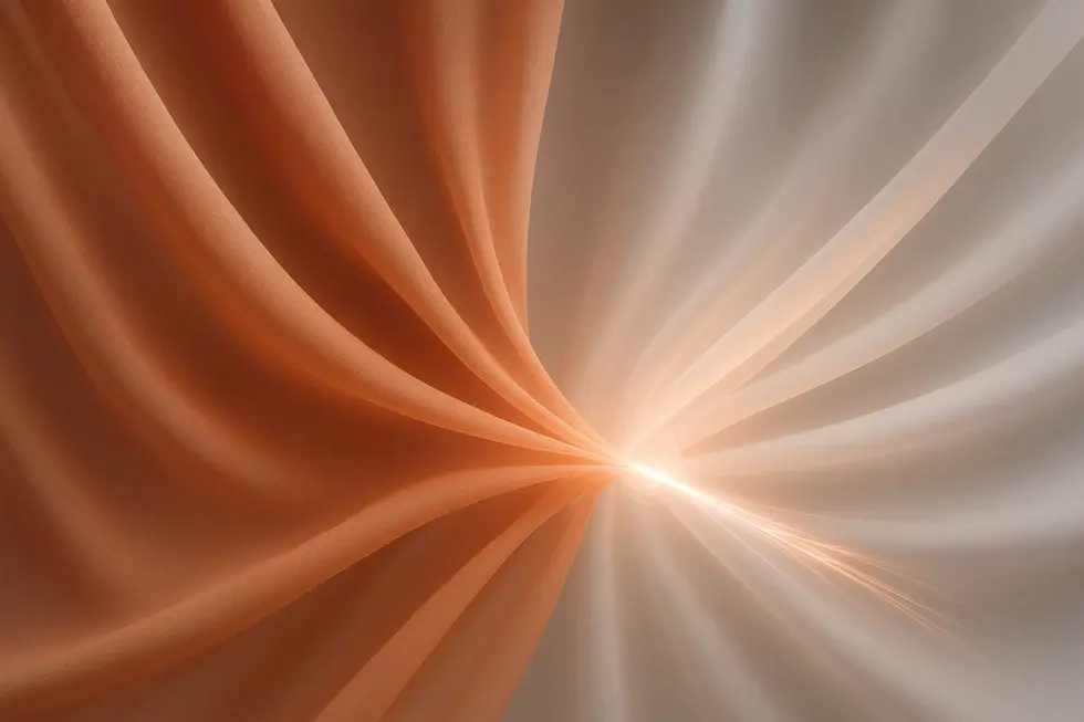 暖色系の光の粒子が布地に優しく触れる抽象的な表現。バレリーナレーザーの穏やかで効果的な治療を象徴しています。