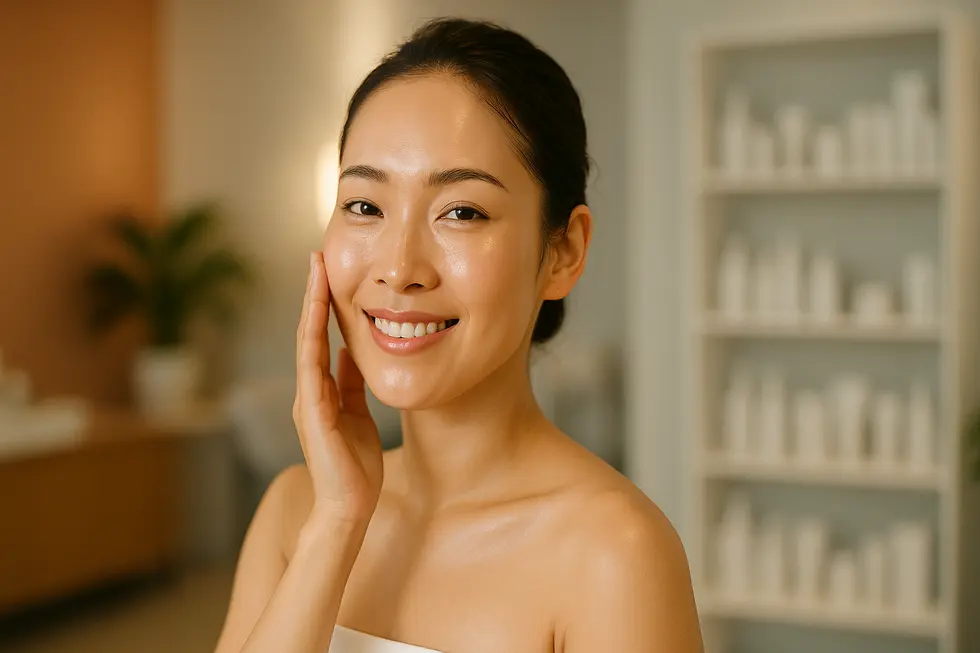 専門的な肌管理によって美しく健康になった肌を持つ女性が、自信に満ちた笑顔で頬に手を当てている様子。