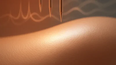 美しく輝く肌のテクスチャと、その奥に施術を連想させる抽象的な光が描かれたメイン画像