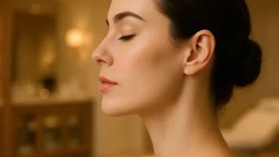 顎フィラーによってシャープに整えられた女性の横顔。鼻先、唇、顎先が一直線に結ばれた理想的なEラインが際立つ。