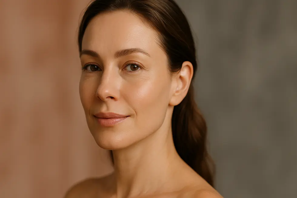 内側からハリとツヤが改善され、健康的で自然な美しさの女性の顔のクローズアップ。