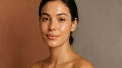 健康的で輝く肌を持つ若い女性の顔のクローズアップ。