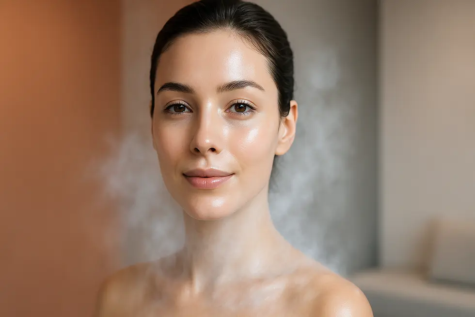 クライオセラピーを受けて輝く透明感のある肌の女性の顔。