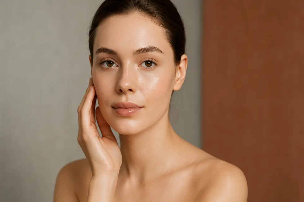 輝くような透明感とハリのある肌を持つ女性のクローズアップ画像。