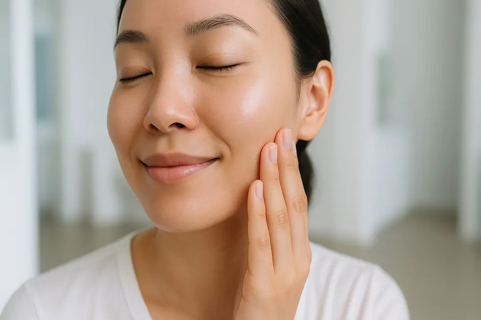 エコツーフラクセル治療後、肌が滑らかになり、自信を取り戻したかのように優しく頬に触れている人物のポートレート。