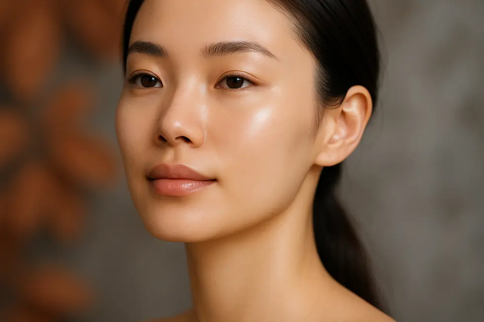 エクソマージの恩恵を受けた、滑らかで輝く健康的な肌のクローズアップ。