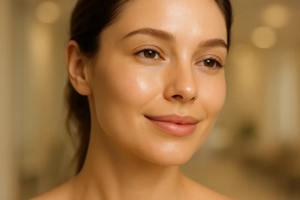 エキソソーム施術により、ハリとツヤを取り戻した女性の顔のクローズアップ。