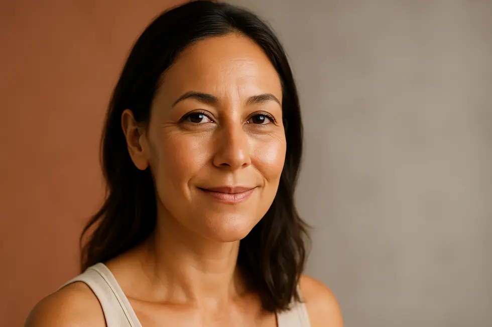 目の下のくぼみやシワが改善され、生き生きとした目元を持つ30代後半の女性のポートレート。