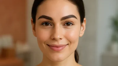 美しく整えられた眉毛を持つ女性の顔のクローズアップ画像。眉毛タトゥーの自然な仕上がりを示しています。