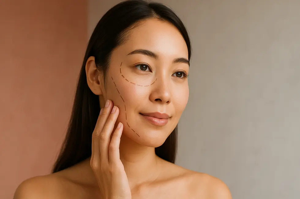 理想の顔立ちを考える女性の優しい表情のクローズアップ。