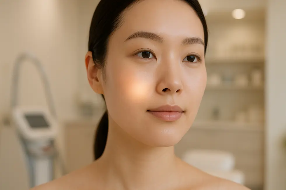 透明感のある美しい肌の女性の顔のクローズアップ。