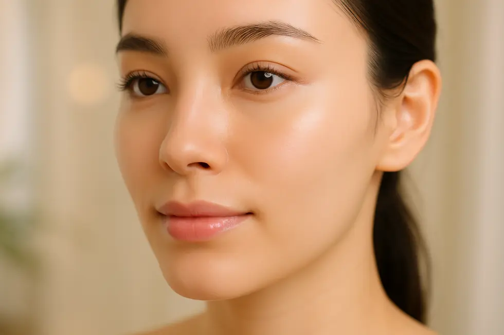 健康的でなめらかな肌のクローズアップ画像、毛穴はほとんど見えない。