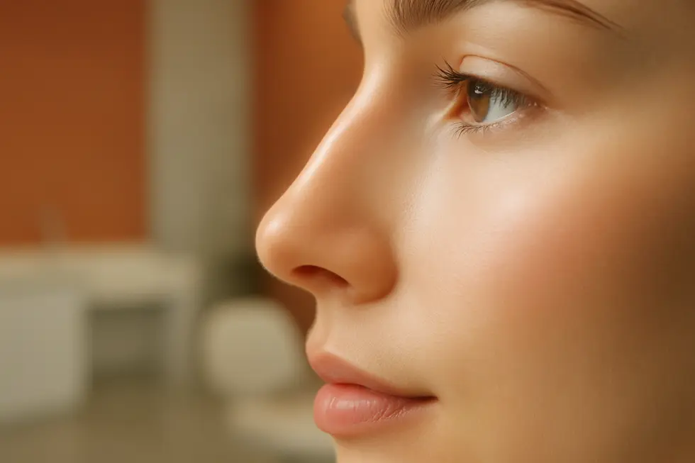 鼻筋が通り、鼻先がシャープに整えられた自然で美しい鼻のクローズアップ。