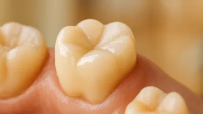 美しく装着されたセラミックインレーがある健康な奥歯のクローズアップ。