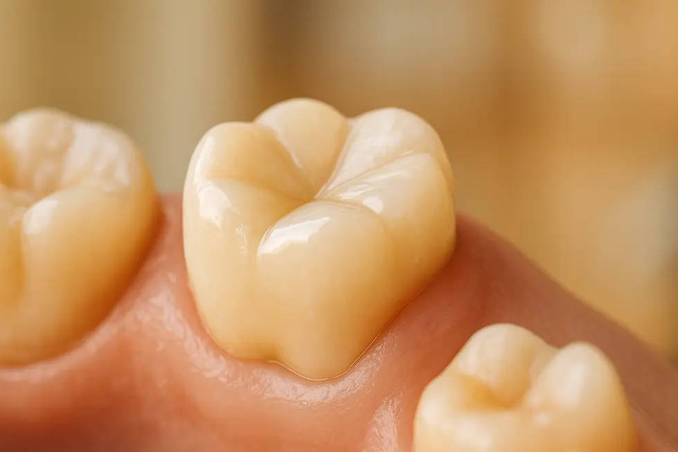 美しく装着されたセラミックインレーがある健康な奥歯のクローズアップ。