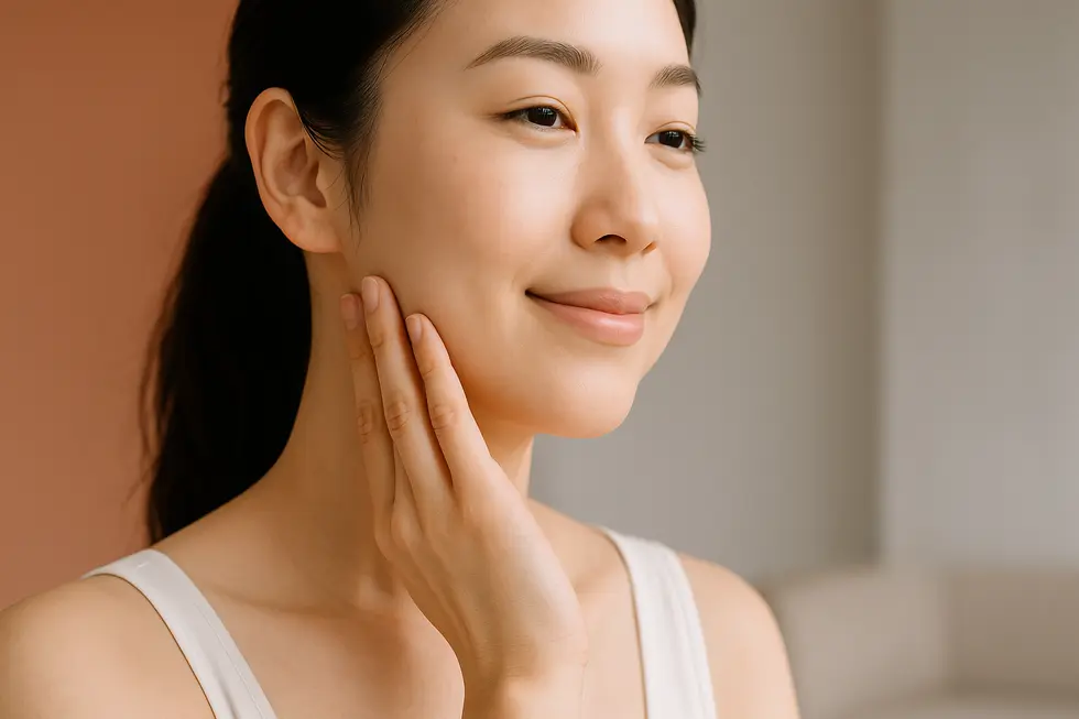 なめらかに引き締まった顎のラインを優しく触れる女性の横顔。穏やかな表情で微笑んでおり、暖色系のリラックスしたスパのような背景。