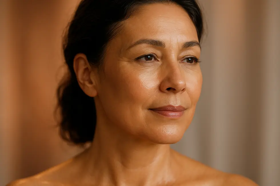 インテンスウルトラによる肌の引き締めと輝きを象徴する、ハリと潤いのある女性の顔のクローズアップ。