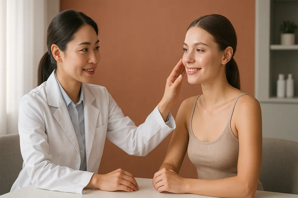 最新の美容クリニックで、医師と患者がジュベルックについて話し合っている様子。患者は健康的な肌をしている。