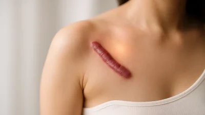 赤く盛り上がったケロイドの傷跡が目立つ肩の画像。治療による改善の可能性を示唆する柔らかな光が当たっている。