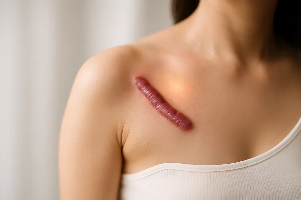 赤く盛り上がったケロイドの傷跡が目立つ肩の画像。治療による改善の可能性を示唆する柔らかな光が当たっている。