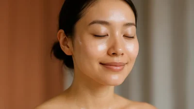 LDM治療により健康的に潤い、輝く肌を持つ女性の顔のクローズアップ画像。