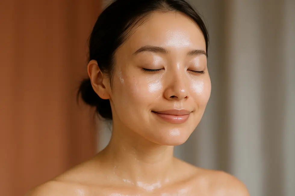 LDM治療により健康的に潤い、輝く肌を持つ女性の顔のクローズアップ画像。