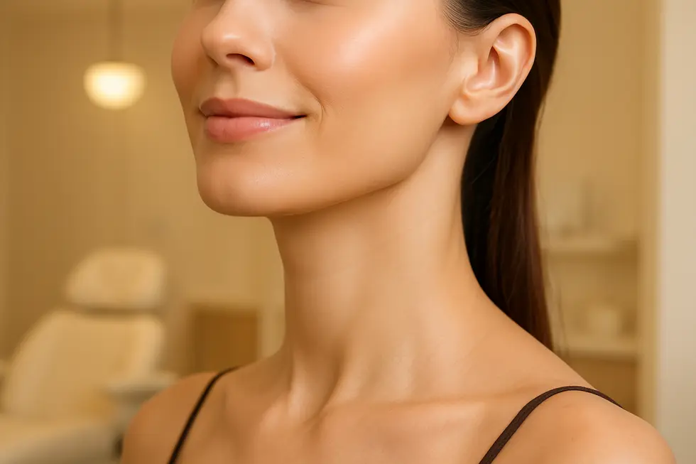 引き締まったフェイスラインとすっきりとした首元を持つ女性の顔のクローズアップ。