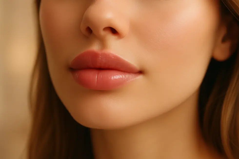 自然で魅力的な唇のクローズアップ。リップフィラーによる美しさを表現。