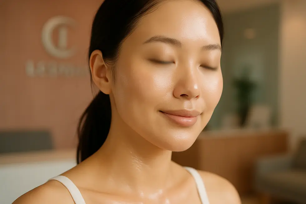 ルーカスレーザーで肌悩みを解決し、美しく輝く肌を手に入れた女性の顔のクローズアップ。