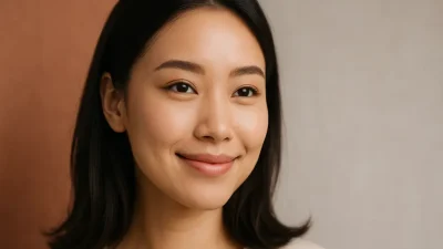 美しい二重まぶたの若いアジア人女性が優しく微笑んでいる。