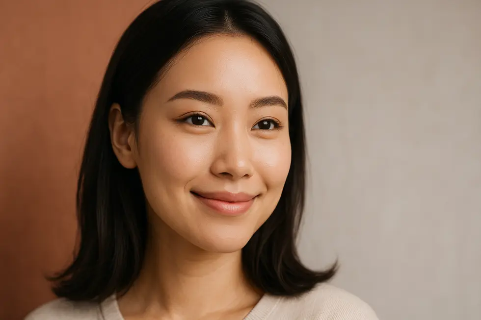 美しい二重まぶたの若いアジア人女性が優しく微笑んでいる。