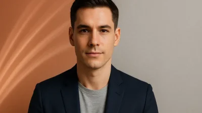 清潔感のある顔立ちで自信に満ちた現代的な男性のポートレート。背景にはレーザー脱毛を連想させる抽象的な光の効果と、記事テーマカラーが配されています。