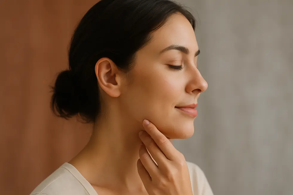 咬筋ボトックスに関心のある女性が自分の顎のラインを優しく触れている画像