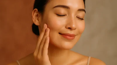 メソセラピーによって肌のハリと潤いを取り戻し、笑顔を見せる女性の顔。