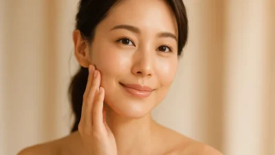 自然な若々しさと健康的な輝きを放つ女性の顔。体脂肪移植後の穏やかな美しさを表現。