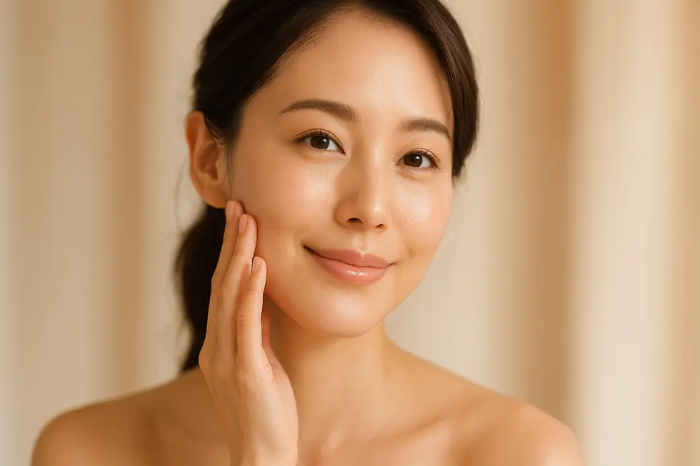 自然な若々しさと健康的な輝きを放つ女性の顔。体脂肪移植後の穏やかな美しさを表現。