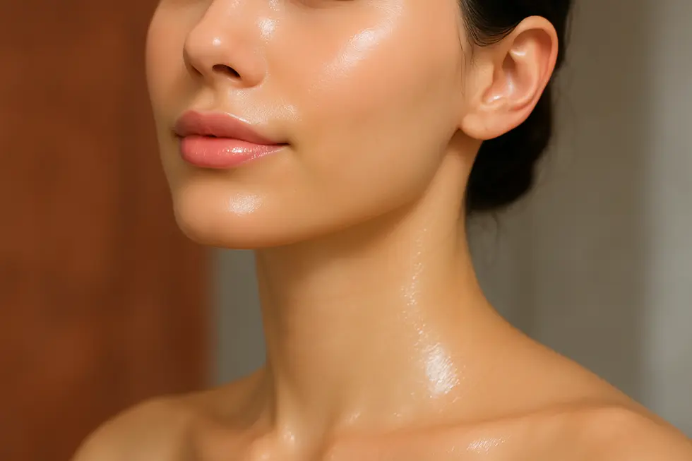 潤いとツヤに満ちた女性の肌のクローズアップ画像。