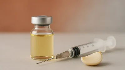 ビタミンB複合体またはフルスルチアミンと書かれた透明な小瓶、医療用注射器、そして象徴的に置かれたスライスされたにんにくが写った写真。背景はテラコッタとライトグレーの柔らかな色合い。