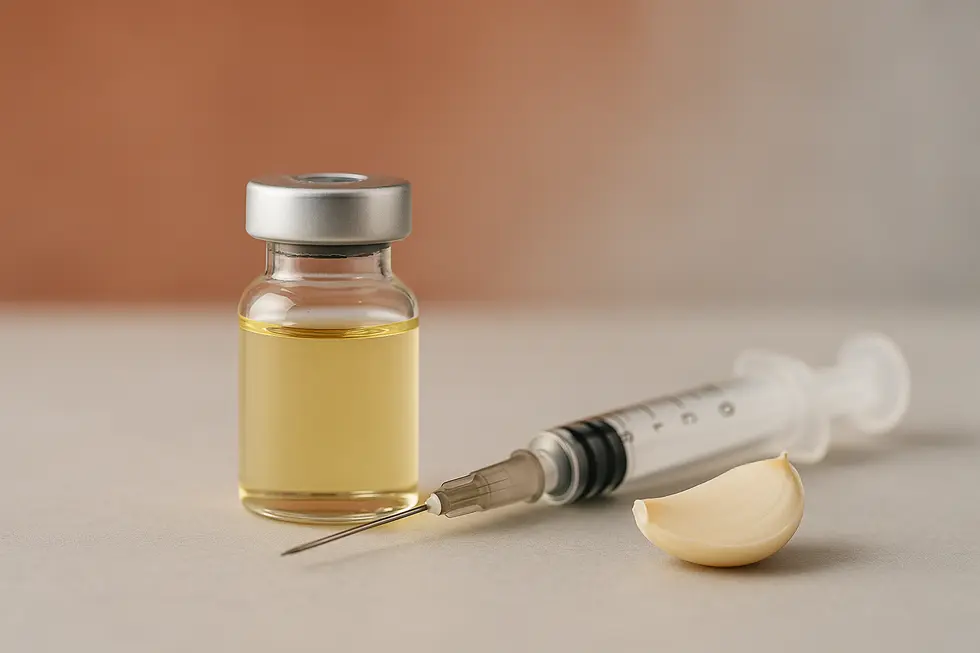 ビタミンB複合体またはフルスルチアミンと書かれた透明な小瓶、医療用注射器、そして象徴的に置かれたスライスされたにんにくが写った写真。背景はテラコッタとライトグレーの柔らかな色合い。