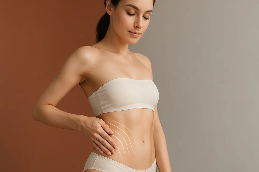 穏やかな表情の女性が自身のウエストラインに触れ、ノーブルシェイプによる引き締まったボディを表現している。