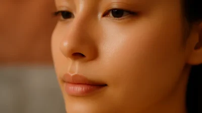 毛穴が目立たず、滑らかで健康的な肌の鼻のクローズアップ。