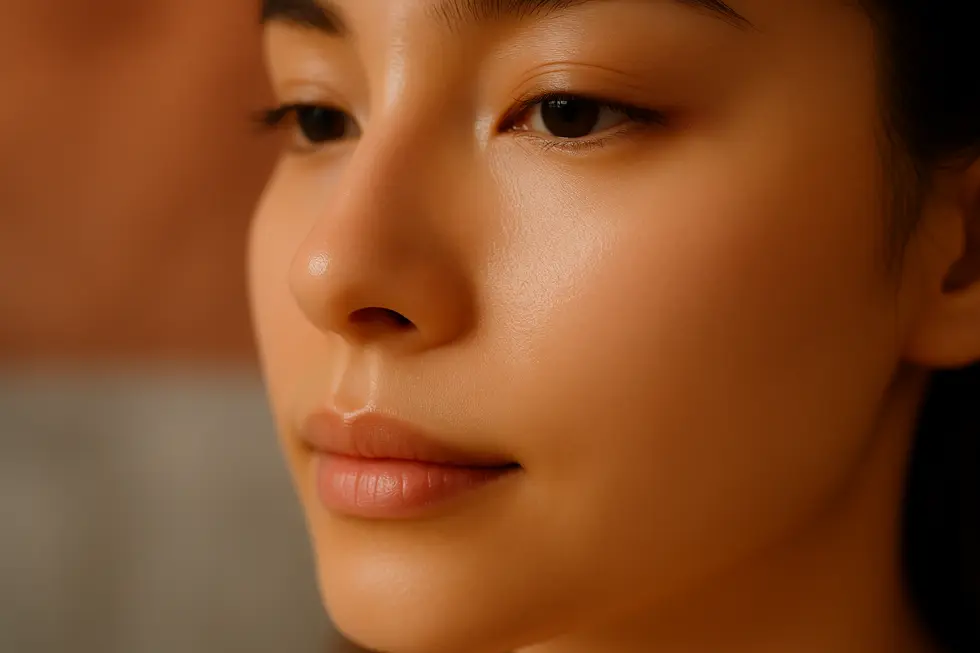 毛穴が目立たず、滑らかで健康的な肌の鼻のクローズアップ。