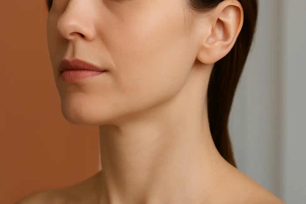 引き締まったフェイスラインと滑らかな肌を持つ女性の顔の側面をクローズアップした画像