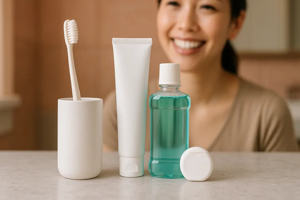 清潔な浴室で歯ブラシ、歯磨き粉、デンタルフロス、マウスウォッシュが並べられ、健康な歯と笑顔を連想させる口腔ケア用品のイメージ