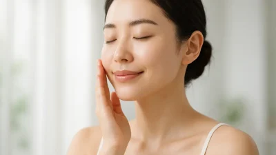 穏やかな表情で自身の滑らかな肌に触れる女性のクローズアップ。美容施術後の健康的で自信に満ちた肌を象徴しています。