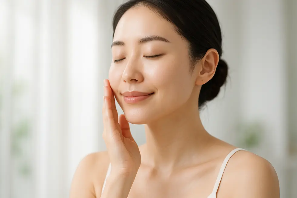 穏やかな表情で自身の滑らかな肌に触れる女性のクローズアップ。美容施術後の健康的で自信に満ちた肌を象徴しています。