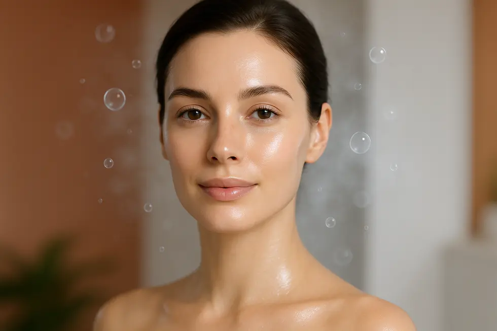 酸素ピール施術後のような、輝く透明感とハリのある肌を持つ女性のポートレート。